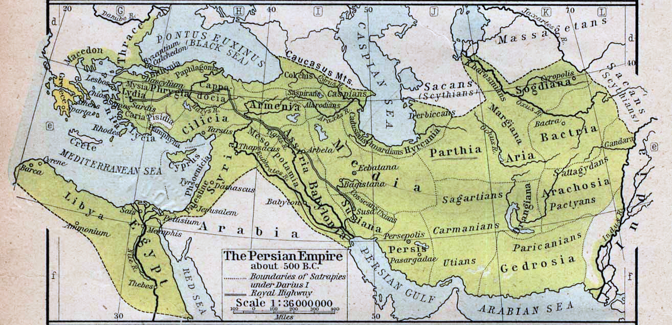 نقشه امپراتوری هخامنشیان ایران در حدود 500 سال قبل از میلاد مسیح